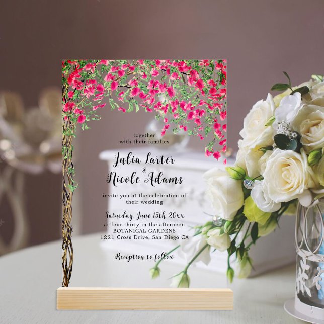Invitations En Acrylique Mariage tropical sous les bougainvillées roses (Créateur téléchargé)