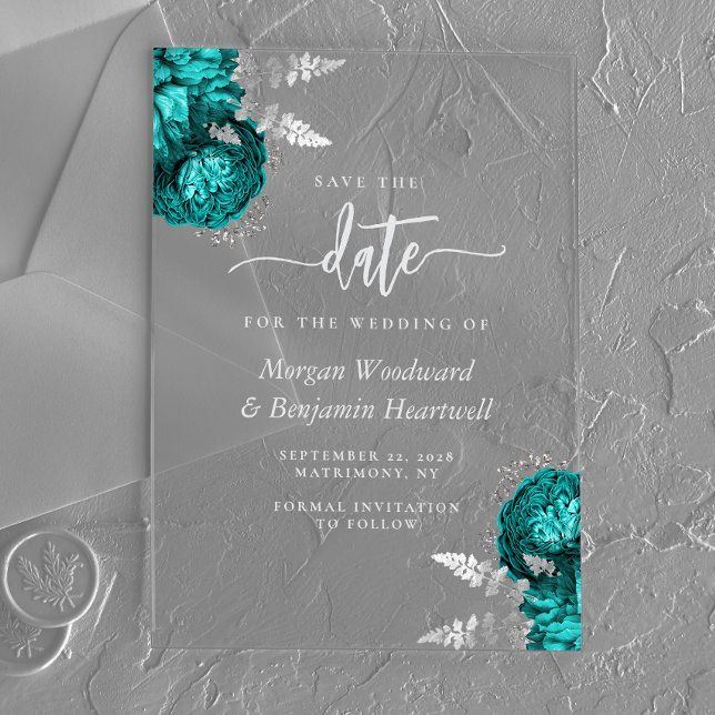 Invitations En Acrylique Mariage turquoise en argent floral Enregistrer la  (Créateur téléchargé)