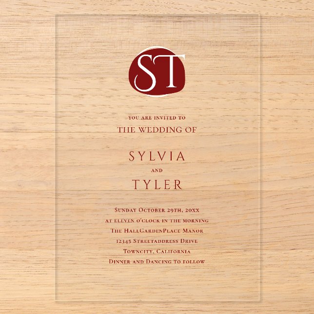 Invitations En Acrylique Mariage Typographie Monogramme de Blason  (Recto)