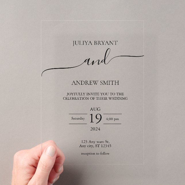 Invitations En Acrylique Mariage typographie Script noir et blanc (In situ (ordinateur de poche))