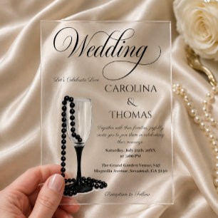 Invitations En Acrylique Mariage Verre à Champagne Perle Noir & Blanc