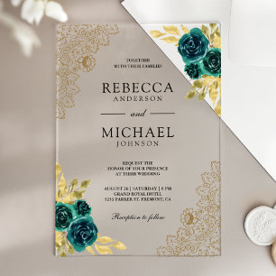 Invitations En Acrylique Mariage Vert Émeraude Floral Broderie Or