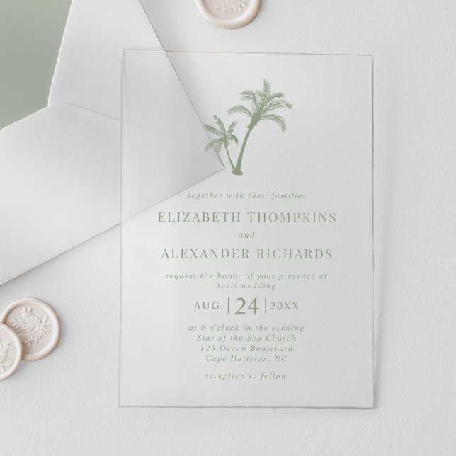 Invitations En Acrylique Mariage Vert Sauge Arbre Palmier Plage Tropicale (Créateur téléchargé)