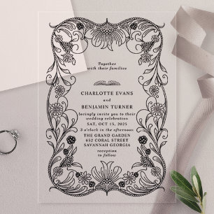 Invitations En Acrylique Mariage Vintage Floral Orné Noir