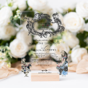 Invitations En Acrylique Mariage Vintage Poussiéreux Bleu Alice au Pays des