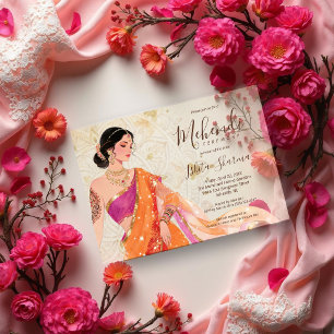 Invitations En Acrylique Mariée Chic Henna Orange Fuchsia Or TLW26