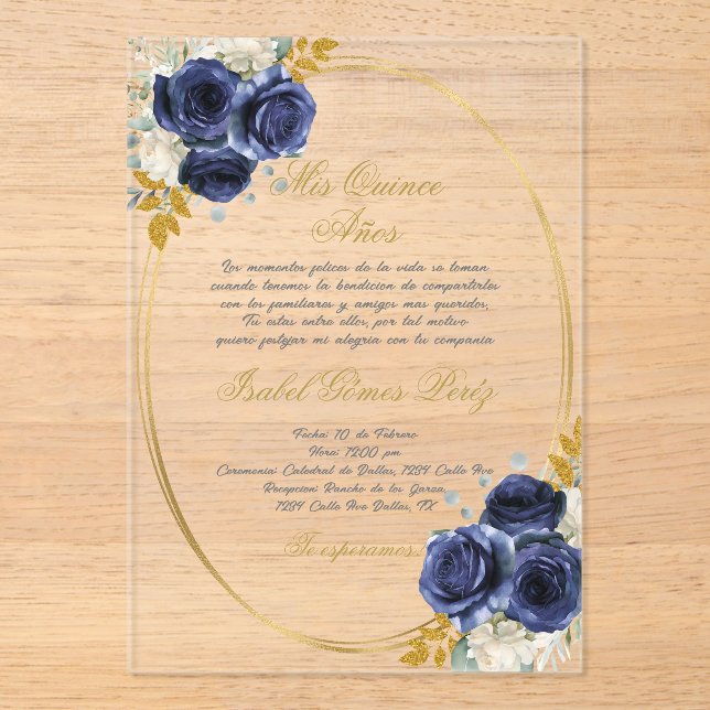Invitations En Acrylique Marine acrylique bleu espagnol Quinceanera (Recto)