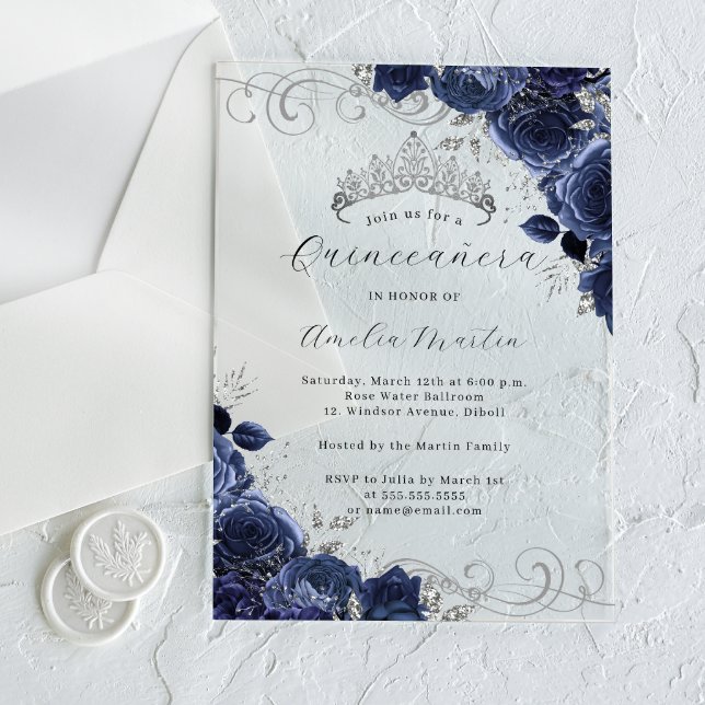 Invitations En Acrylique Marine Argent clair acrylique Floral Quinceanera (Créateur téléchargé)