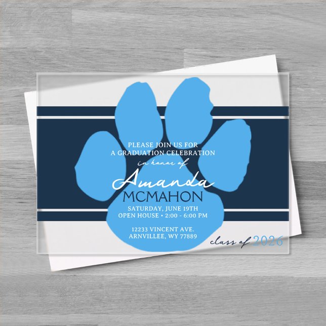 Invitations En Acrylique Marine & Baby Blue Pawprint Graduation Élégante (Unique Light Blue & Navy Graduation Pawprint Elegant Frosted Acrylic Invitations)
