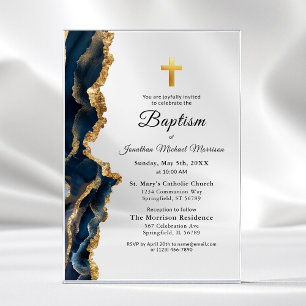 Invitations En Acrylique Marine Bleu Agate Or Baptême Moderne Élégant