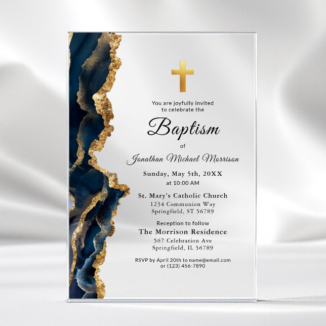 Invitations En Acrylique Marine Bleu Agate Or Baptême Moderne Élégant (Créateur téléchargé)