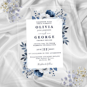 Invitations En Acrylique Marine Bleu Et Blanc Élégant Mariage Floral Modern