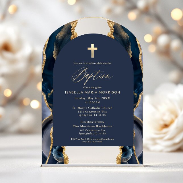 Invitations En Acrylique Marine Bleu Or Agate Baptême Moderne Élégant (Créateur téléchargé)