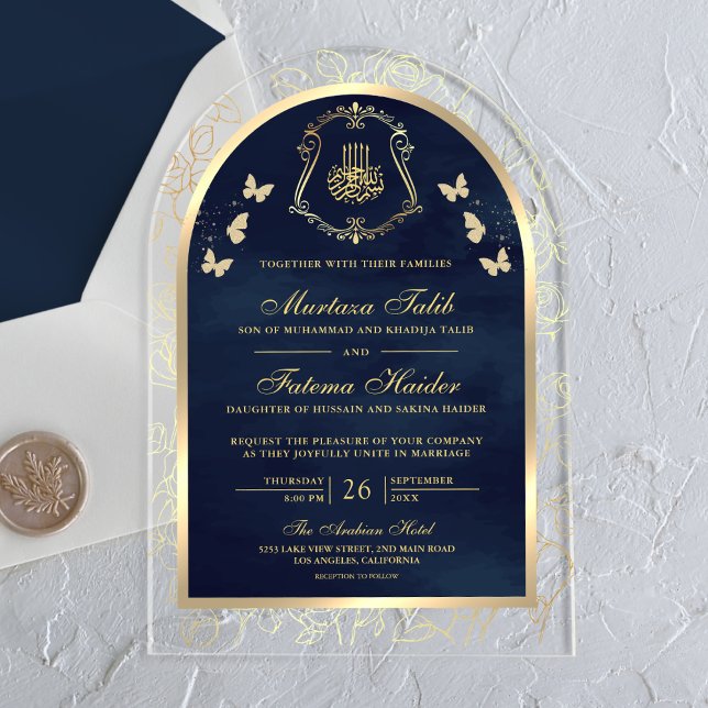 Invitations En Acrylique Marine Bleu Papillon d'or Arc Mariage musulman (Créateur téléchargé)