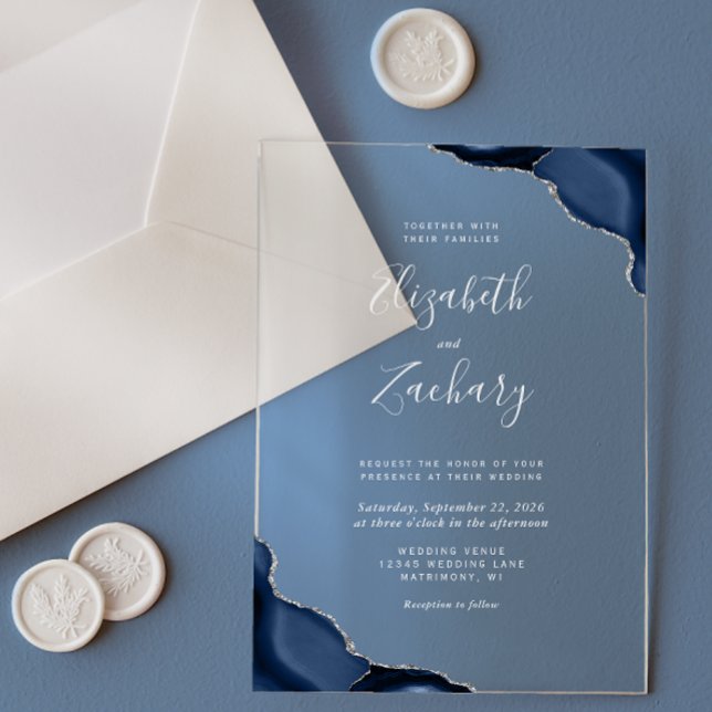 Invitations En Acrylique Marine Blue Agate Corners Silver Grey Texte Mariag (Créateur téléchargé)