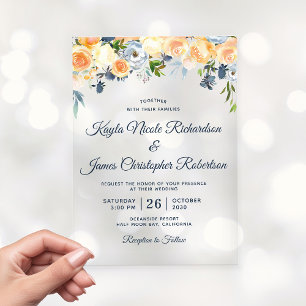 Invitations En Acrylique Marine Blue Coral Peach Aquarelle Florale Mariage