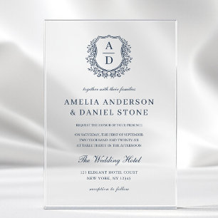 Invitations En Acrylique Marine Blue Floral Crest Monogramme Mariage Élégan
