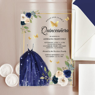 Invitations En Acrylique Marine Blue Floral Robe papillon Or Quinceanera