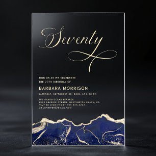 Invitations En Acrylique Marine Blue Gold Agate 70e Soixante-dix anniversai