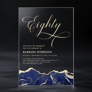 Invitations En Acrylique Marine Blue Gold Agate 80e Soixante-dix fête d'ann