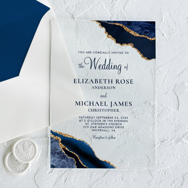 Invitations En Acrylique Marine Blue Gold Agate Mariage élégant (Créateur téléchargé)