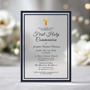 Invitations En Acrylique Marine Blue Gold Première communion sacrée Garçon