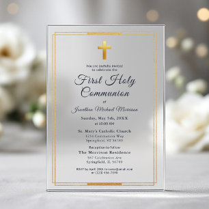 Invitations En Acrylique Marine Blue Gold Première communion sacrée Garçon