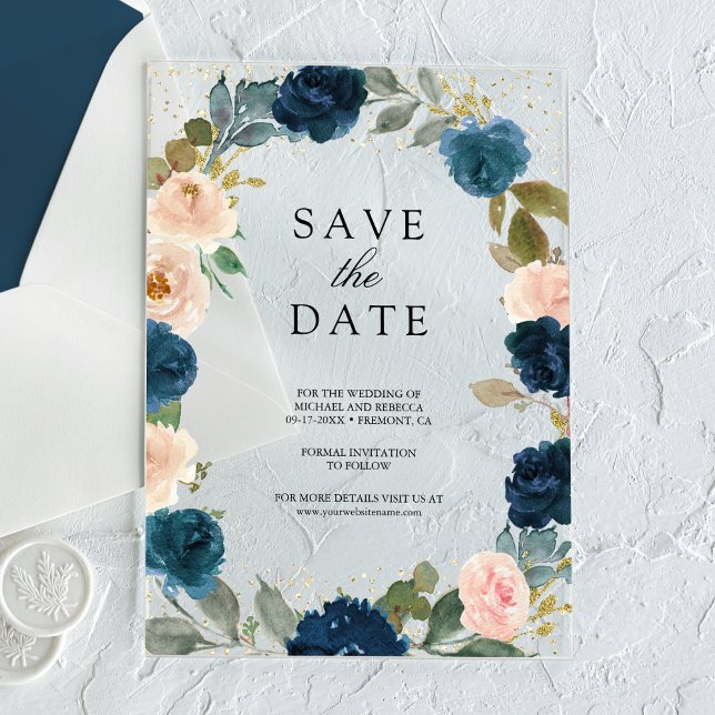 Invitations En Acrylique Marine Blue Peach Floral Wedding Enregistrer la da (Créateur téléchargé)