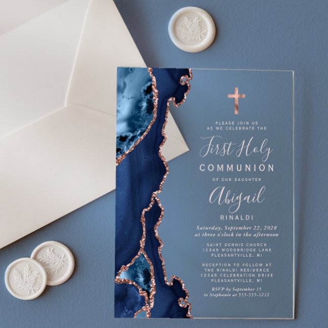 Invitations En Acrylique Marine Blue Rose Gold Agate Première Sainte Commun (Créateur téléchargé)