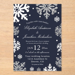 Invitations En Acrylique Marine Blue Snowflakes Mariage d'hiver