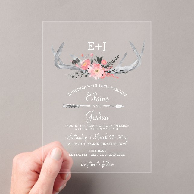 Invitations En Acrylique Marine Blush Blooming Antlers Pays Chic Mariage (In situ (ordinateur de poche))