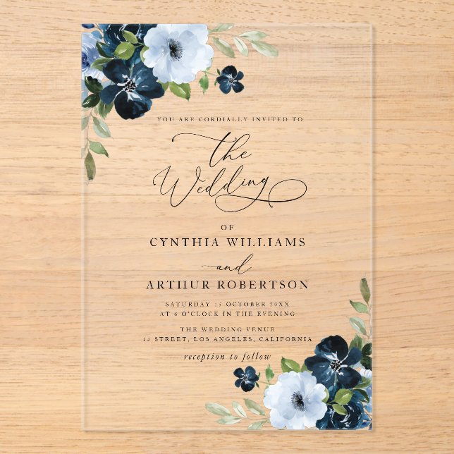 Invitations En Acrylique Marine branchée et mariage bleu clair (Recto)