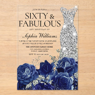 Invitations En Acrylique Marine Rose Diamond Gown 60e fête d'anniversaire