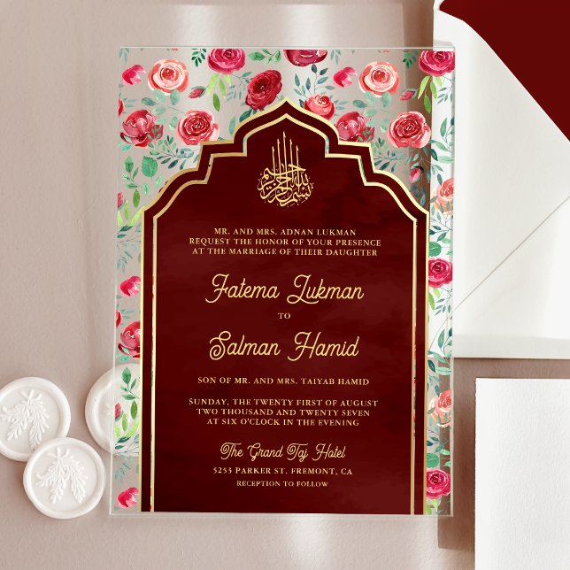 Invitations En Acrylique Maroon Gold Red Roses Floral musulman Mariage (Créateur téléchargé)
