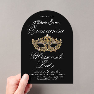 Invitations En Acrylique Mascarade d'anniversaire de Quinceanera noire or