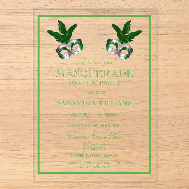 Invitations En Acrylique Mascarade Verte Sweet 16 (Recto)