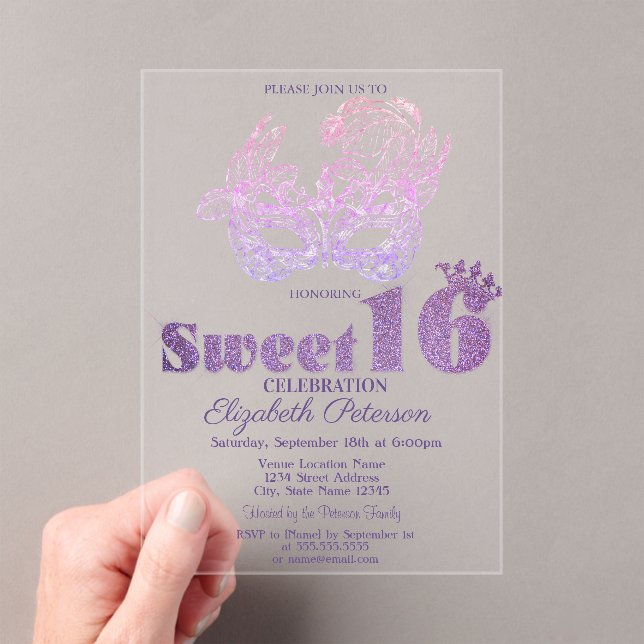 Invitations En Acrylique Masque Pailleté Violet Douce 16 (In situ (ordinateur de poche))