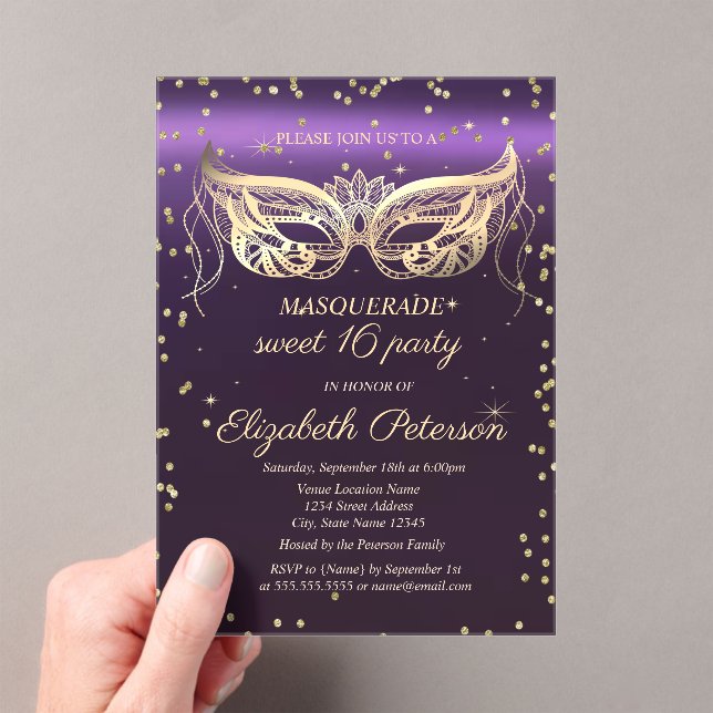 Invitations En Acrylique Masquerade Gold Diamonds Purple Sweet 16  (In situ (ordinateur de poche))