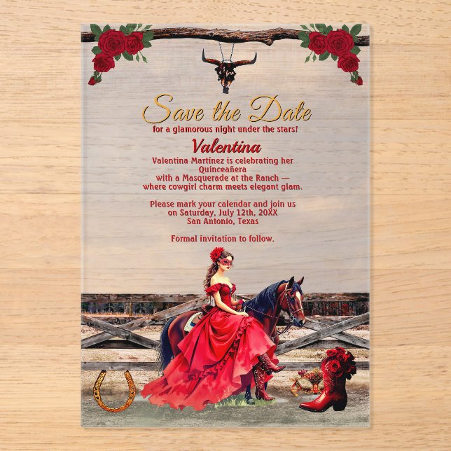 Invitations En Acrylique Masquerade Ranch Quinceañera Red Glam Girl & Name (Recto)