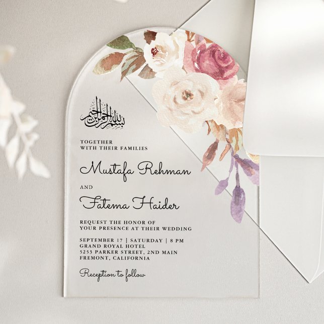 Invitations En Acrylique Mauve Pink Floral Bouquet Islamic Muslim Wedding (Créateur téléchargé)
