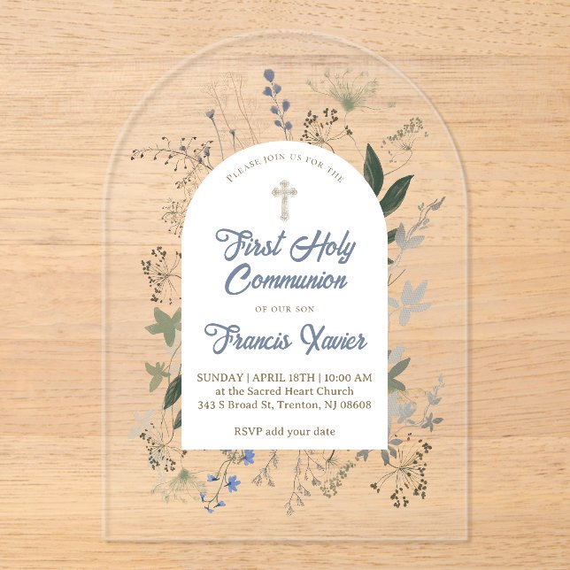 Invitations En Acrylique meadow greenery frame First Holy Communion (Recto)