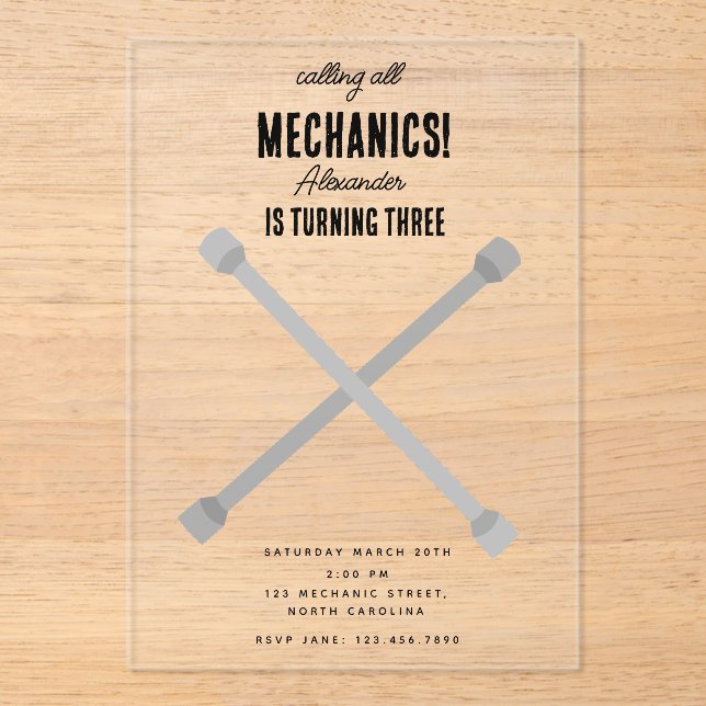 Invitations En Acrylique Mécanique automobile Outils de l'automobile Garçon (Recto)