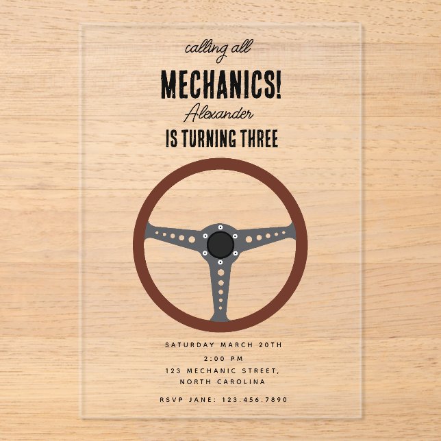Invitations En Acrylique Mécanique automobile Outils de l'automobile Garçon (Recto)