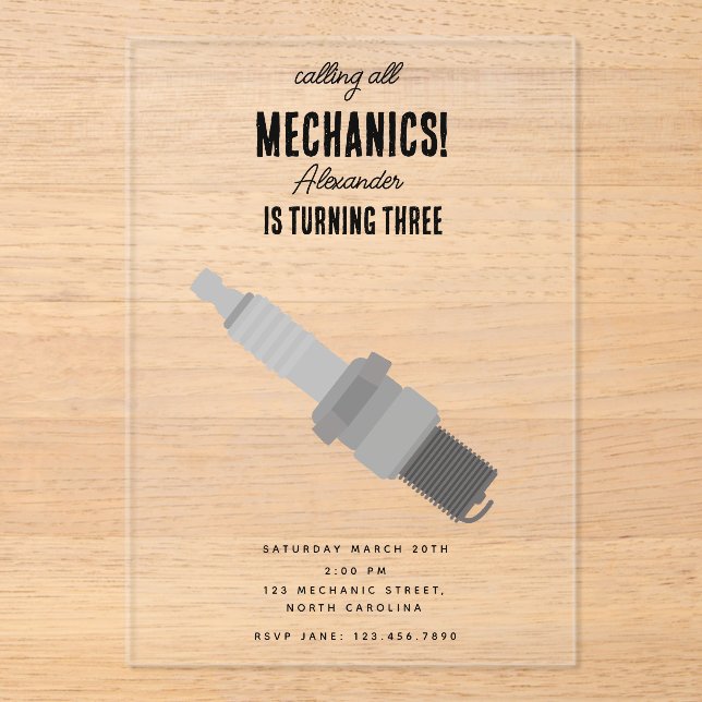 Invitations En Acrylique Mécanique automobile Outils de l'automobile Garçon (Recto)