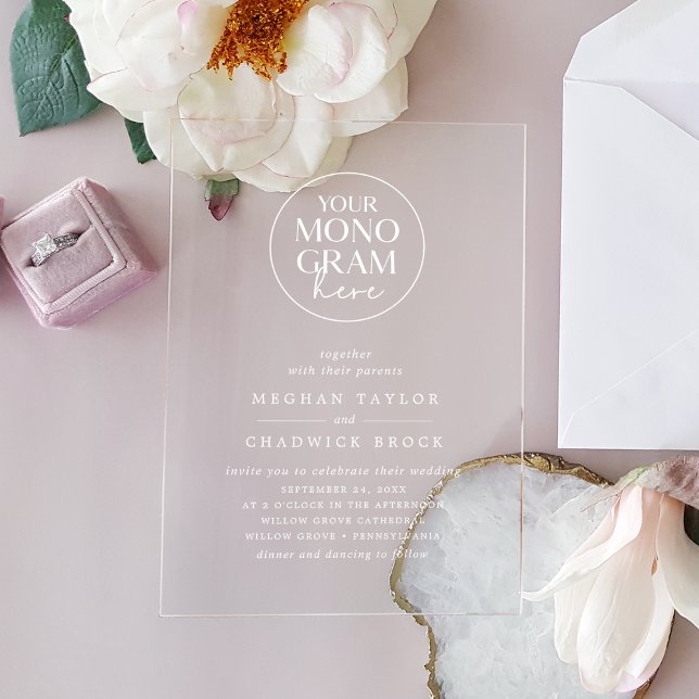 Invitations En Acrylique MEGHAN Blanc Simple Chic Monogramme Mariage (MEGHAN White Unique Simple Chic Monogram Wedding Acrylic Invitations)