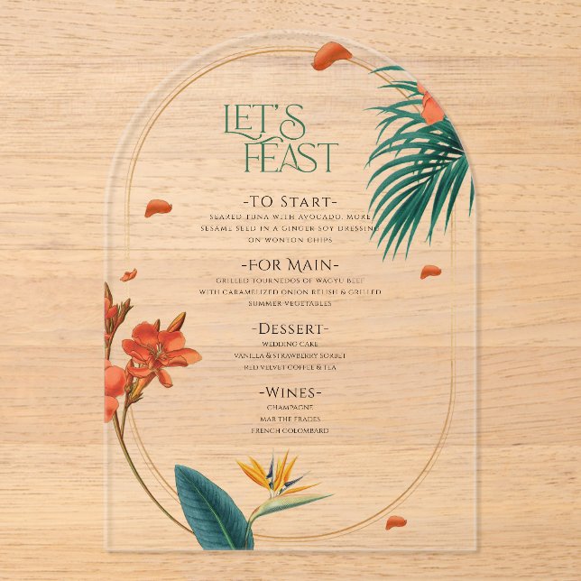 Invitations En Acrylique Menu de mariage Fleurs Tropicales Élégantes (Recto)