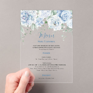 Invitations En Acrylique Menu de mariage floral bleu pâle