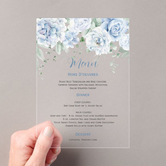 Invitations En Acrylique Menu de mariage floral bleu pâle (In situ (ordinateur de poche))