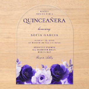 Invitations En Acrylique Midnight Blue Elegant Marine Roses Quinceanera Par