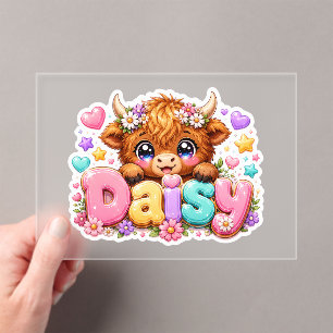 Invitations En Acrylique Mignon Kawaii Daisy Highland Cow Nom Rose Pastel F